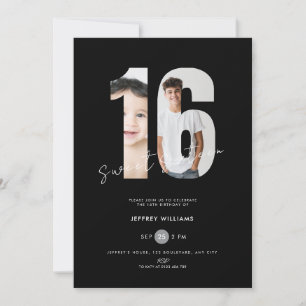 Invitation Garçons Black Sweet Seize Ans - Photo 16e Annivers