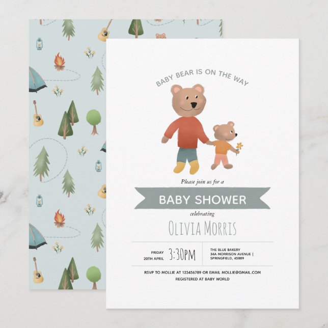 Invitation Garçons Bleu Bleu Bois Baby shower Ours (Devant / Derrière)