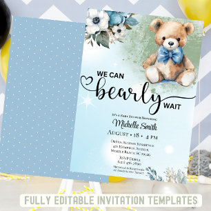 Invitation Garçons Blue Floral Teddy Bear Baby shower