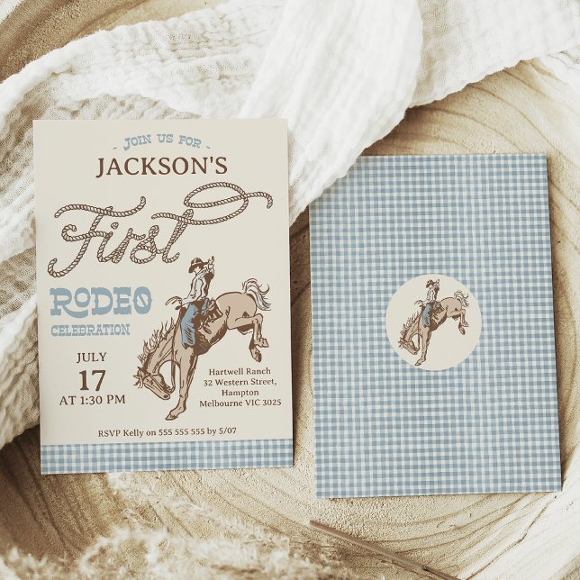 Invitation Garçons Blue Grey Brown Premier Rodéo 1er Annivers (Blue Brown First Rodeo Birthday Invitation Boy, Buffalo Plaid, Rope text, Cowboy First Rodeo Invite)
