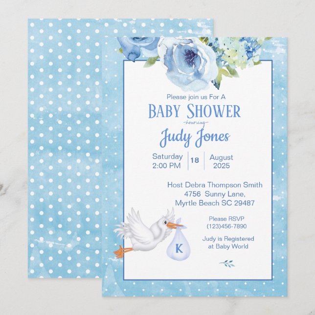 Invitation Garçons Blue Stork Monogram Baby shower Floral (Devant / Derrière)