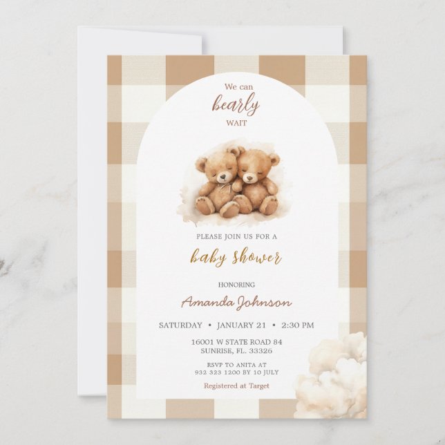 Invitation Garçons Brown Baby shower d'ours (Devant)