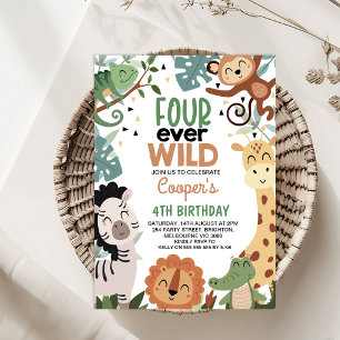 Invitation Garçons Brown Green Four Ever Wild 4e anniversaire
