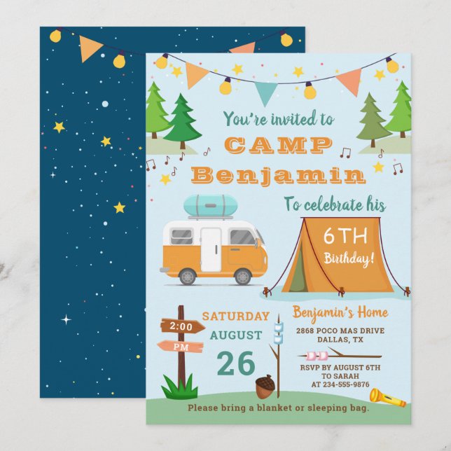 Invitation Garçons Camping Anniversaire Camp extérieur (Devant / Derrière)