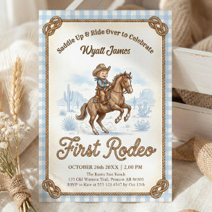 Invitation Garçons carreaux bleus Cowboy Premier Rodéo 1er An