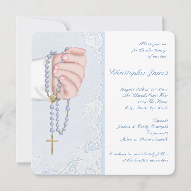 Invitation Garçons Élégant Bébé Bleu Rosaire Christening (Devant)
