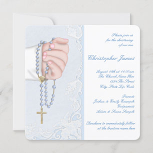 Invitation Garçons Élégant Bébé Bleu Rosaire Christening
