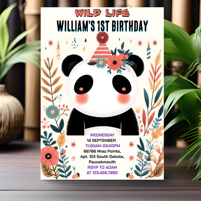 Invitation Garçons Enfants Charme bébé Filles Panda 1er anniv (Créateur téléchargé)