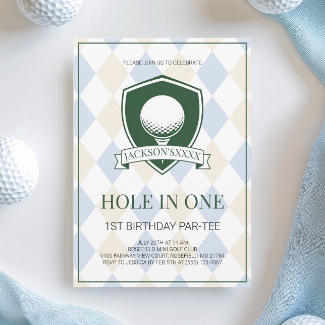 Invitation Garçons Fête du premier anniversaire Blue Golf Tro (Boys Blue Golf Hole in One 1st Birthday Party Invitation)