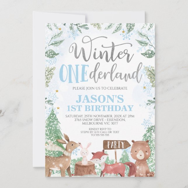 Invitation Garçons Hiver Onederland Bois Animaux Anniversaire (Devant)
