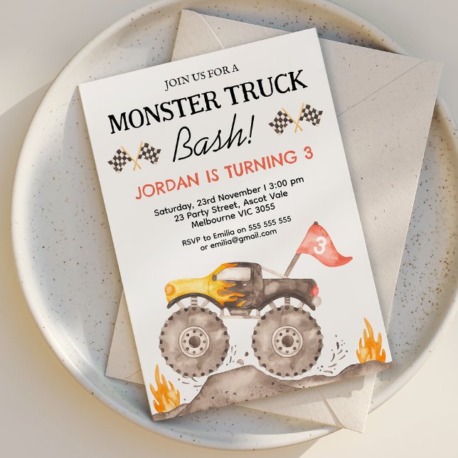 Invitation Garçons Jaune Monster Camion Bash Anniversaire (Boys Monster Truck Birthday Invitation, Monster Truck Bash Birthday Invitation Any Age, Truck Themed)
