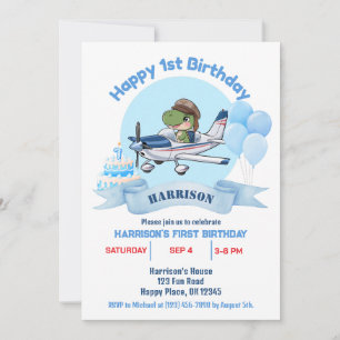 Invitation Garçons Mignon Avion Bleu Dinosaur Enfants 1er Ann