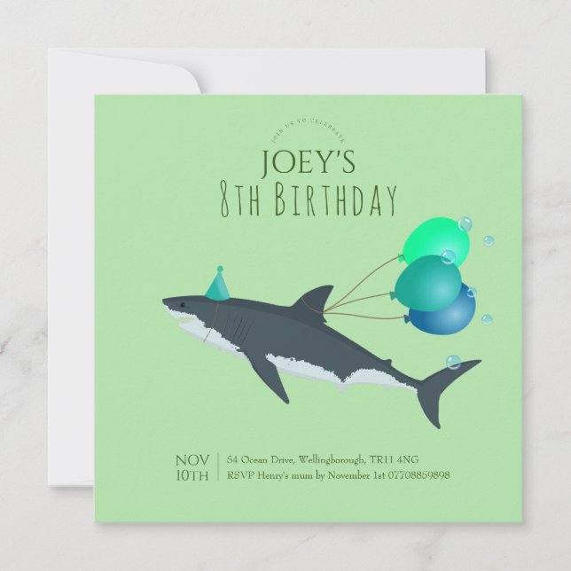 Invitation Garçons mignon vert sous la mer grand requin blanc (Devant)