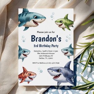 Invitation Garçons Mignons Aquarelle Requin Fête d'anniversai