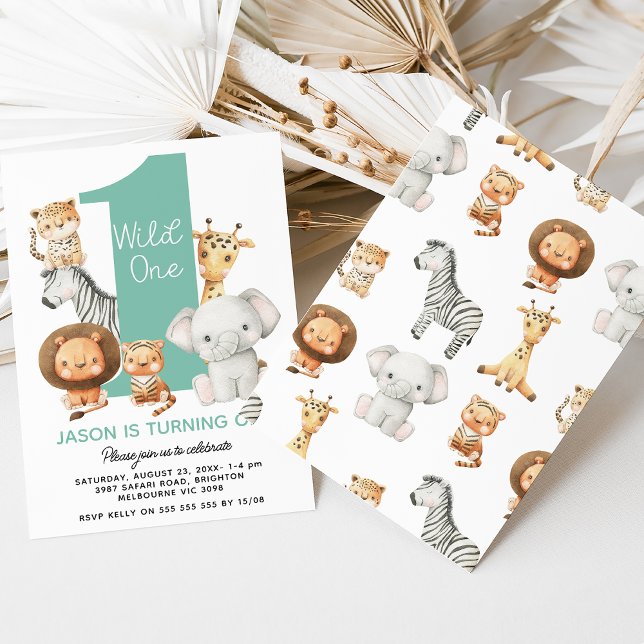 Invitation Garçons modernes Wild One Safari Animaux 1er anniv (Wild one themed boys 1st birthday invitation with cute safari animals and large number.)