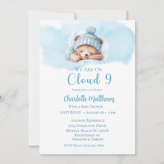 Invitation Garçons Ours Nuage Nuage Neuf 9 Baby showers (Devant)