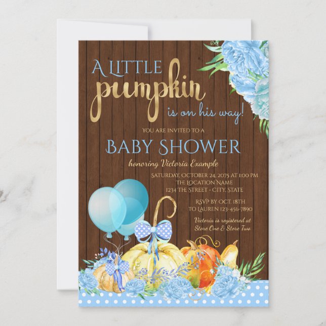 Invitation Garçons Petit Citrouille Baby shower rustique en b (Devant)