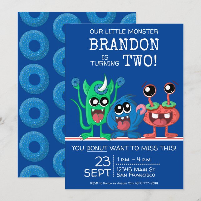 Invitation Garçons Petit Monster Donut Anniversaire Fête Bleu (Devant / Derrière)