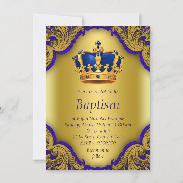 Invitation Garçons Prince Baptême Royal Bleu et or Couronne (Dos)