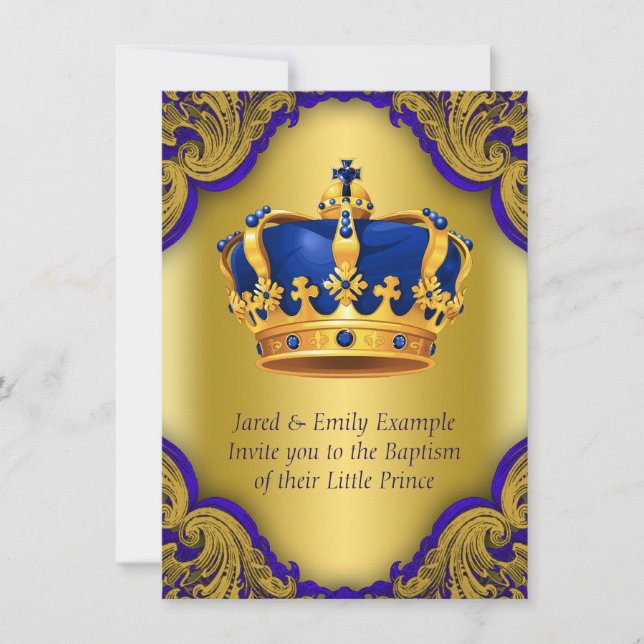 Invitation Garçons Prince Baptême Royal Bleu et or Couronne (Devant)