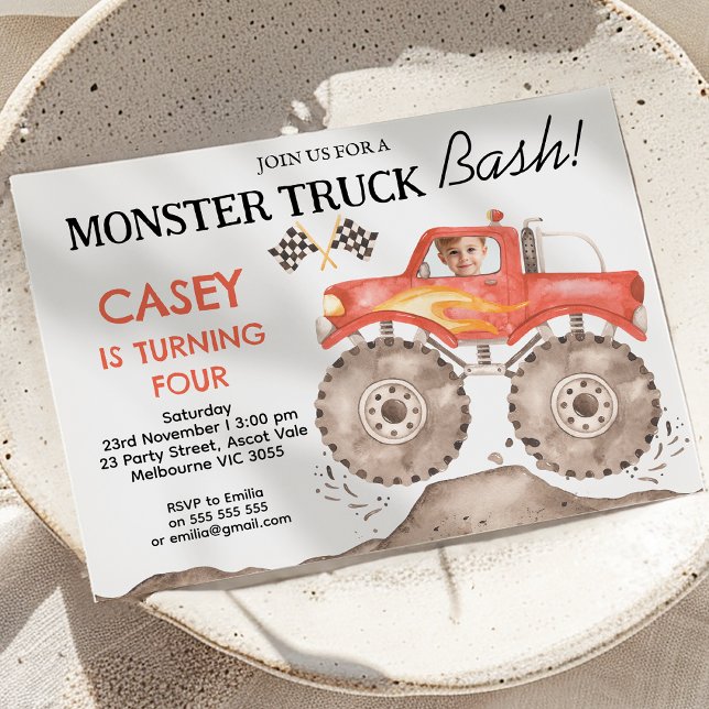 Invitation Garçons Red Monster Camion Bash Anniversaire (Monster Truck Bash Birthday Invitation Boy, Red Monster Truck Birthday Invitation Any Age, Photo)