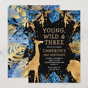 Invitation Garçons Safari 3e anniversaire fête Blue Gold Blac