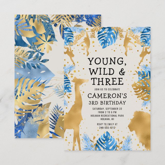 Invitation Garçons Safari 3e anniversaire fête Blue Gold Ecru (Devant / Derrière)