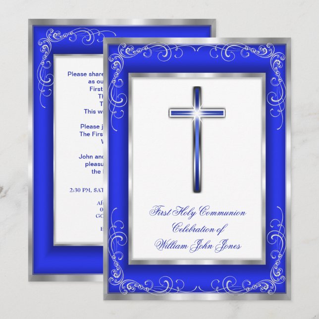 Invitation Garçons Sainte Communion Argent Croix Bleue Royale (Devant / Derrière)