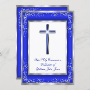 Invitation Garçons Sainte Communion Argent Croix Bleue Royale
