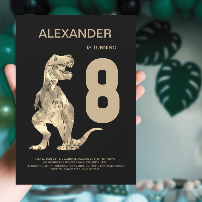 Invitation Garçons T-Rex Dinosaur 8ème anniversaire fête (Dinosaur T-Rex boys 8th birthday party invitation bold simple black and brown design)