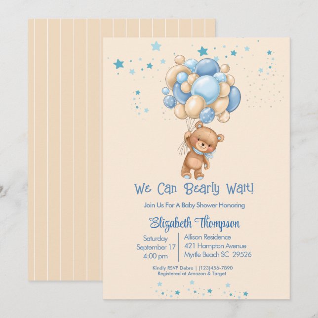 Invitation Garçons Teddy Bear Balloons Bearly Wait Baby showe (Devant / Derrière)