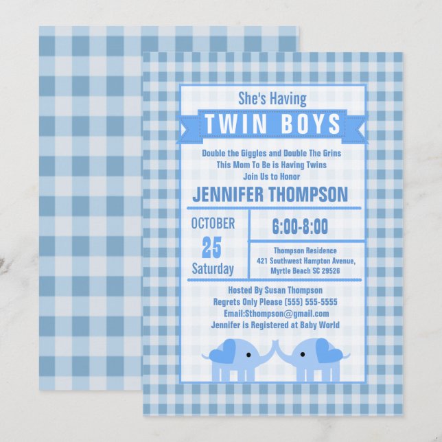 Invitation Garçons Twin Elephant Baby shower bleu En vichy (Devant / Derrière)