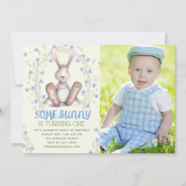 Invitation Garçons Un Petit Lapin Photo Première Fête d'Anniv (Devant)
