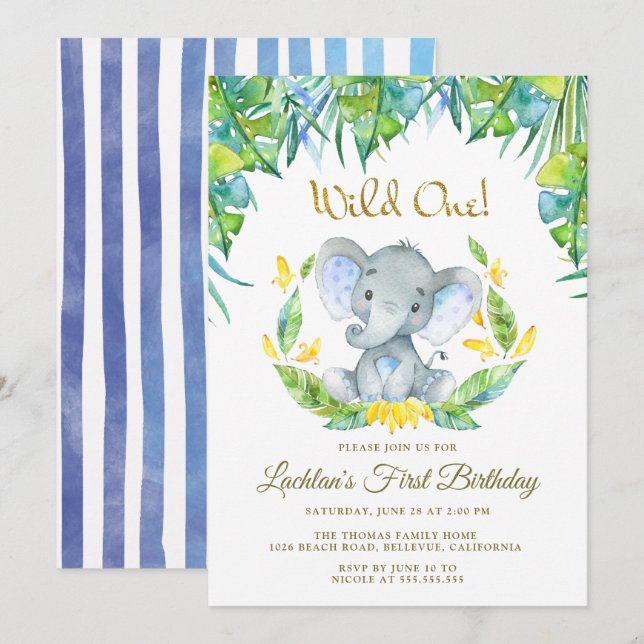 Invitation Garçons Wild One Safari Baby Elephant 1er annivers (Devant / Derrière)