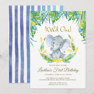 Invitation Garçons Wild One Safari Baby Elephant 1er annivers