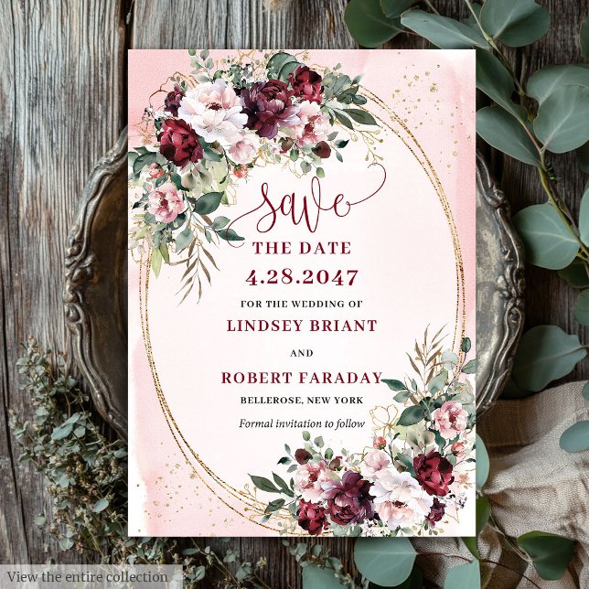 Invitation Garden Boho Burgundy Blush Gold Roses Save Date (Garden Boho Burgundy Blush Gold Roses Save Date)