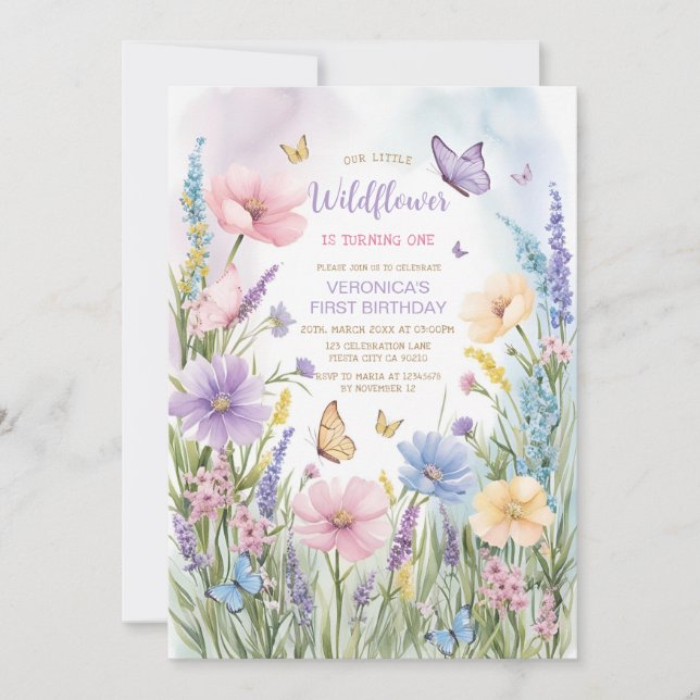 Invitation Garden Butterfly Fleur sauvage 1er anniversaire (Devant)