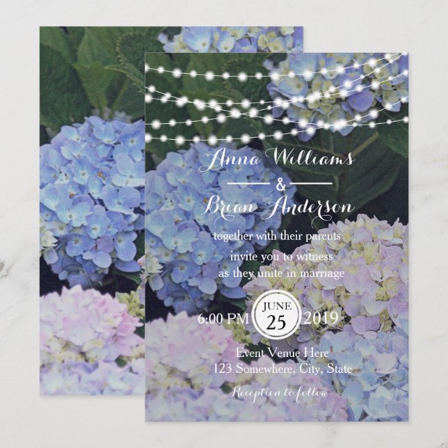 Invitation Garden Hydrangeas Chaîne de lumières Mariage Invit (Devant / Derrière)