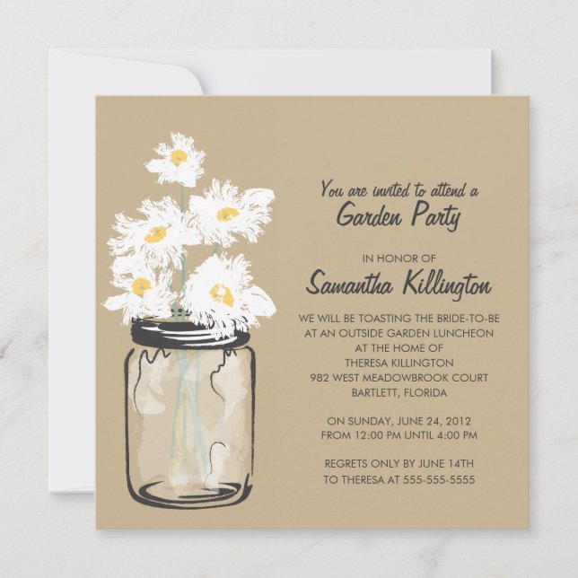Invitation Garden Party Mason Jar & White Daisies (Devant)