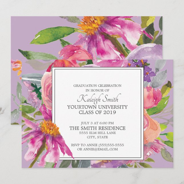 Invitation Garden Purple Rose Floral Grad Party (Devant / Derrière)