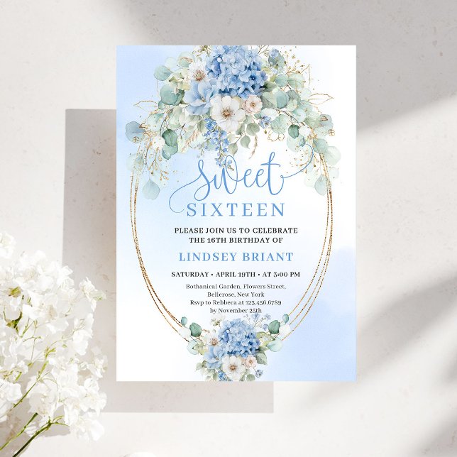 Invitation Garden Script Blue Floral Gold Sweet 16 Birthday  (Garden Script Blue Floral Gold Sweet 16 Birthday Invite)