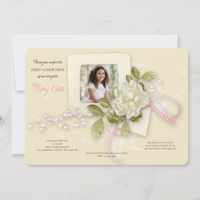 Invitation Gardenia et papillons Photo Communion (Devant)