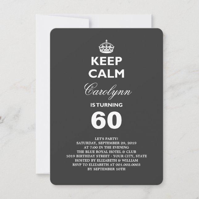 Invitation Gardez le calme B&W Funny Milestone 60e fête d'ann (Devant)