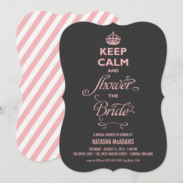 Invitation Gardez Le Calme Et La Douche La Mariée Texte Rose  (Devant / Derrière)
