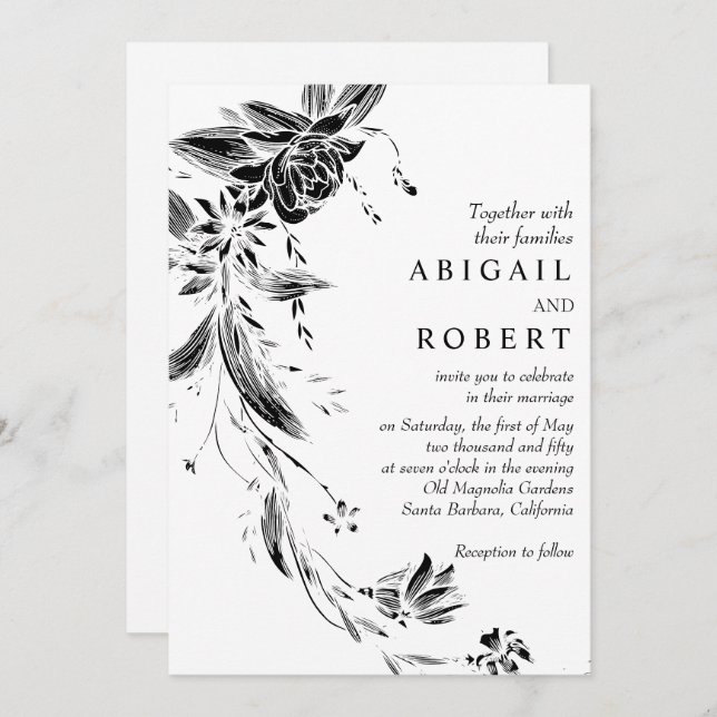 Invitation Garland floral noir et blanc Code QR mariage (Devant / Derrière)