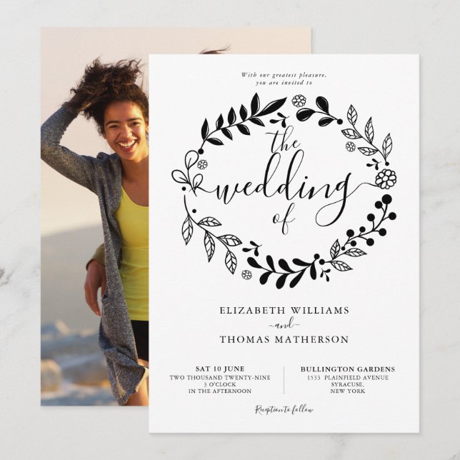 Invitation Garland Floral noir et blanc Mariage photo Invit (Devant / Derrière)