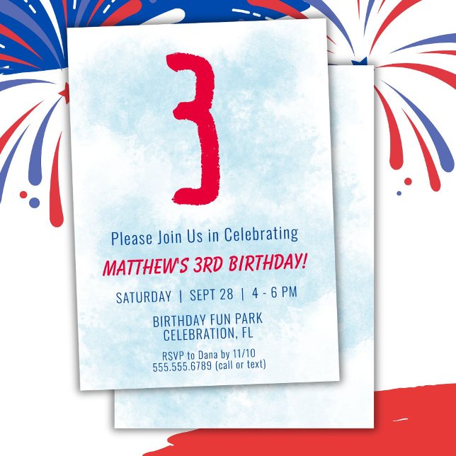 Invitation Garys Aquarelle Enfants Bleu 3e anniversaire (Créateur téléchargé)