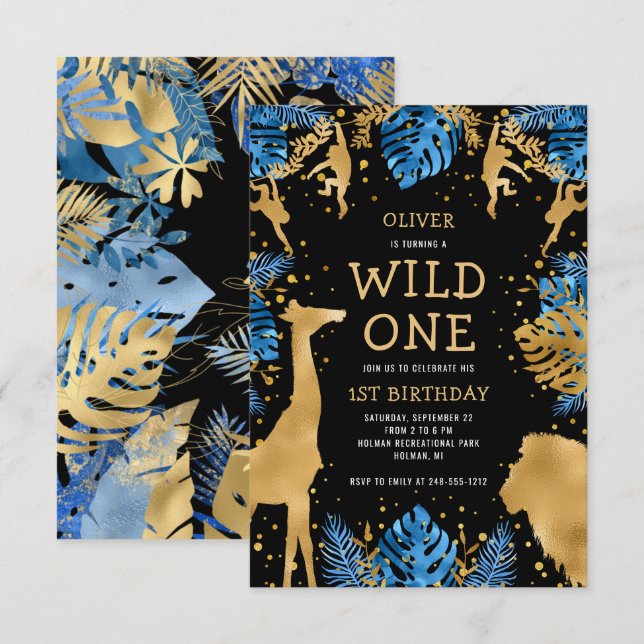 Invitation Garys Wild One 1er anniversaire bleu noir Safari (Devant / Derrière)