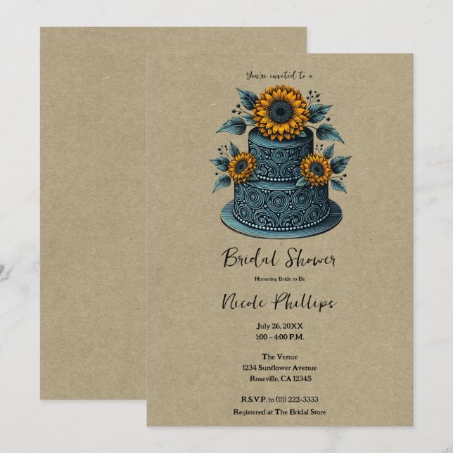 Invitation Gâteau à étages tournesol bleu et jaune pour Baby  (Devant / Derrière)