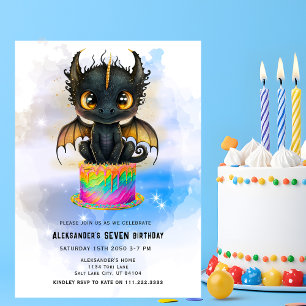 Invitation Gâteau arc-en-ciel de dragon noir mignon Anniversa